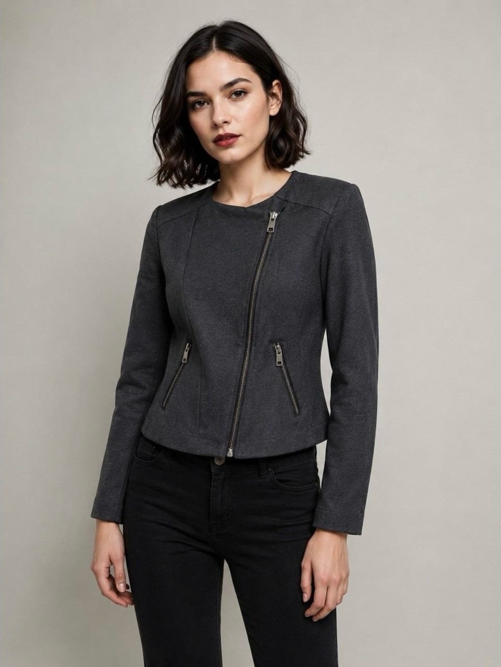 Catherine Malandrino Charcoal Asymmetric Front Zip Jacket Size Large